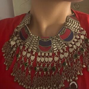 Silver Statement Necklace with Red and Blue Accents
